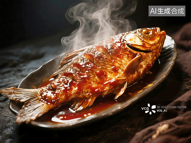 【AI数字艺术】AIGC：热气腾腾的红烧鱼图片素材