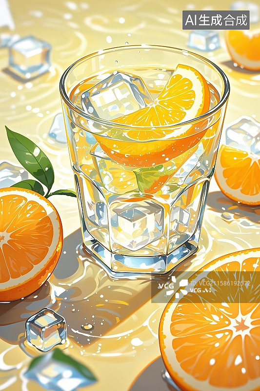 【AI数字艺术】黄橘子片，橘子瓣，通透冰块，清澈的水，气泡，夏天，淡黄色透明的纹理风格，动漫美学图片素材