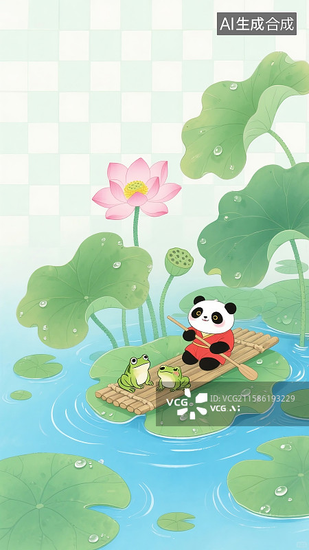 【AI数字艺术】一片长满荷叶的池塘中，水里有鲤鱼在游动，一个小男孩带着帽子躺在竹筏上，可爱图片素材