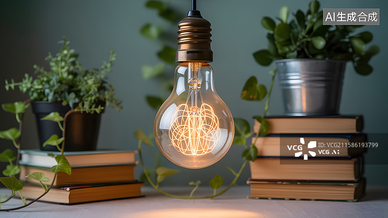 【AI数字艺术】灯泡照亮书堆图片素材