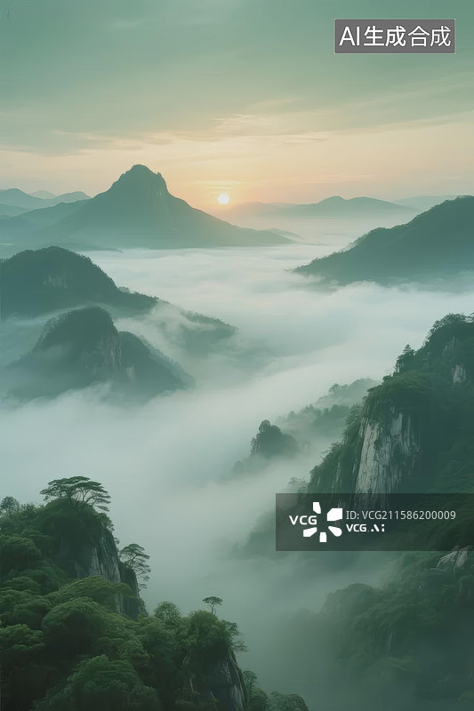 【AI数字艺术】山间云海日出图片素材
