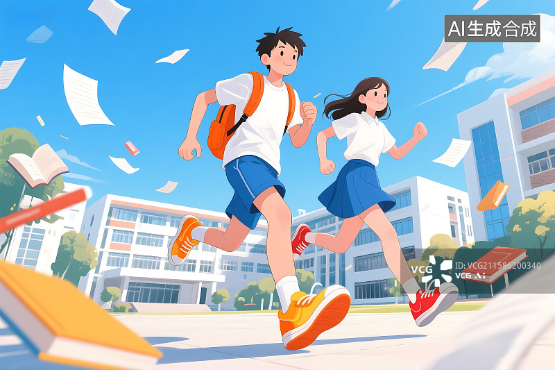 【AI数字艺术】男生和女生开学主题插画 学校教育 新学期 海报背景展板素材图片素材