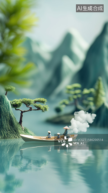 【AI数字艺术】中国风中式意境一叶扁舟崇山峻岭微缩移轴端午创意景观图片素材
