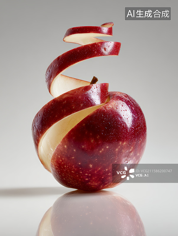 【AI数字艺术】螺旋削皮的红苹果及其倒影图片素材