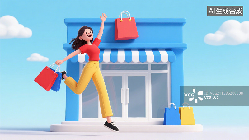 【AI数字艺术】3D三维年轻女士逛街购物电商服装店铺图片素材