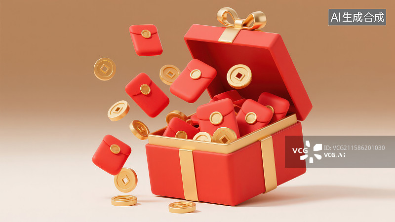 【AI数字艺术】纯色背景下悬浮着的金色丝带红色蝴蝶结礼物礼盒里面有红包和方孔圆形金币还有周边散落硬币金元宝图片素材