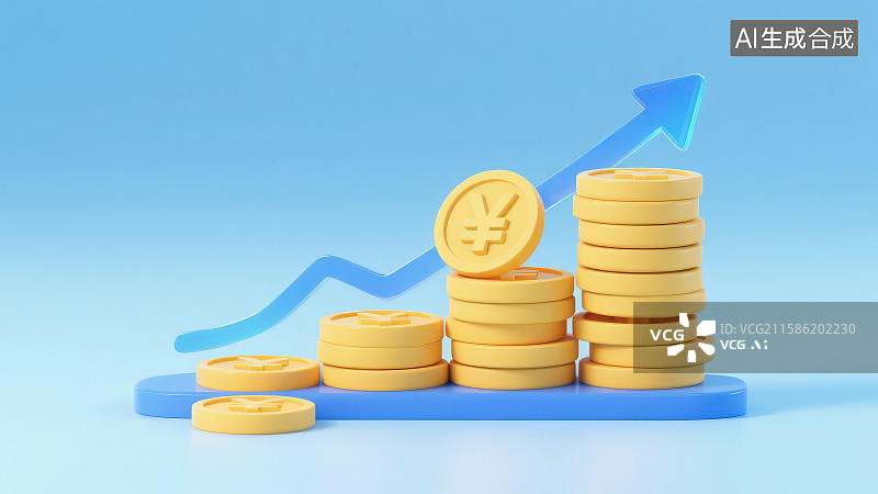 【AI数字艺术】浅蓝色背景下从低到高堆叠而成的金币堆上方还有带人民币￥符号的硬币金币和向上倾斜上涨的蓝色透明箭头图片素材