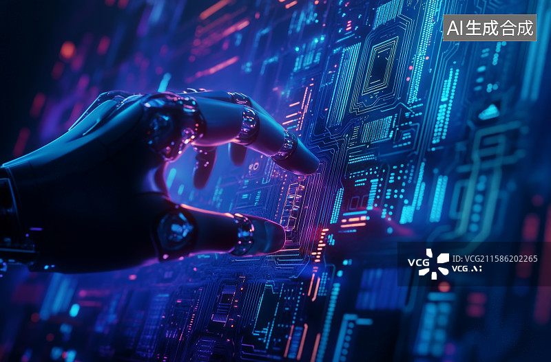 【AI数字艺术】机器人手指着智能芯片电路板图片素材