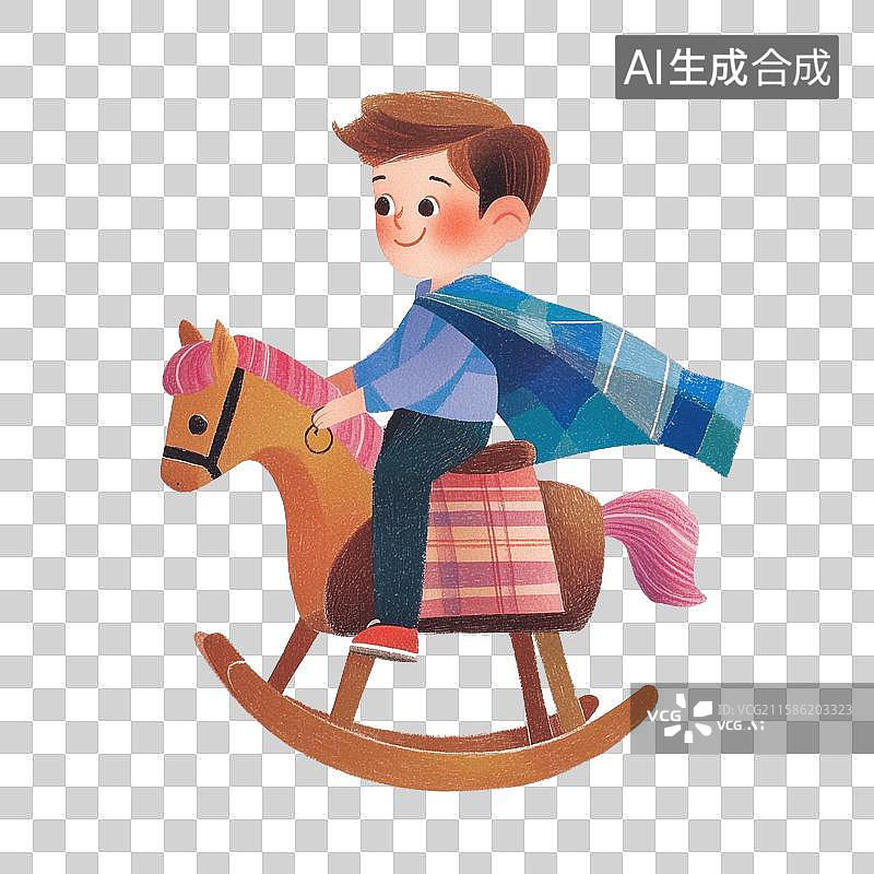 【AI数字艺术】卡通骑着摇摆木马的男孩儿童节可爱手绘彩铅风格图片素材