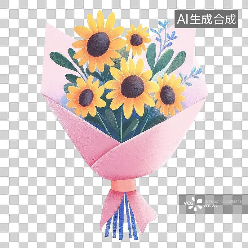 【AI数字艺术】卡通黄色向日葵花束儿童节可爱手绘彩铅风格贺卡插画元素图片素材