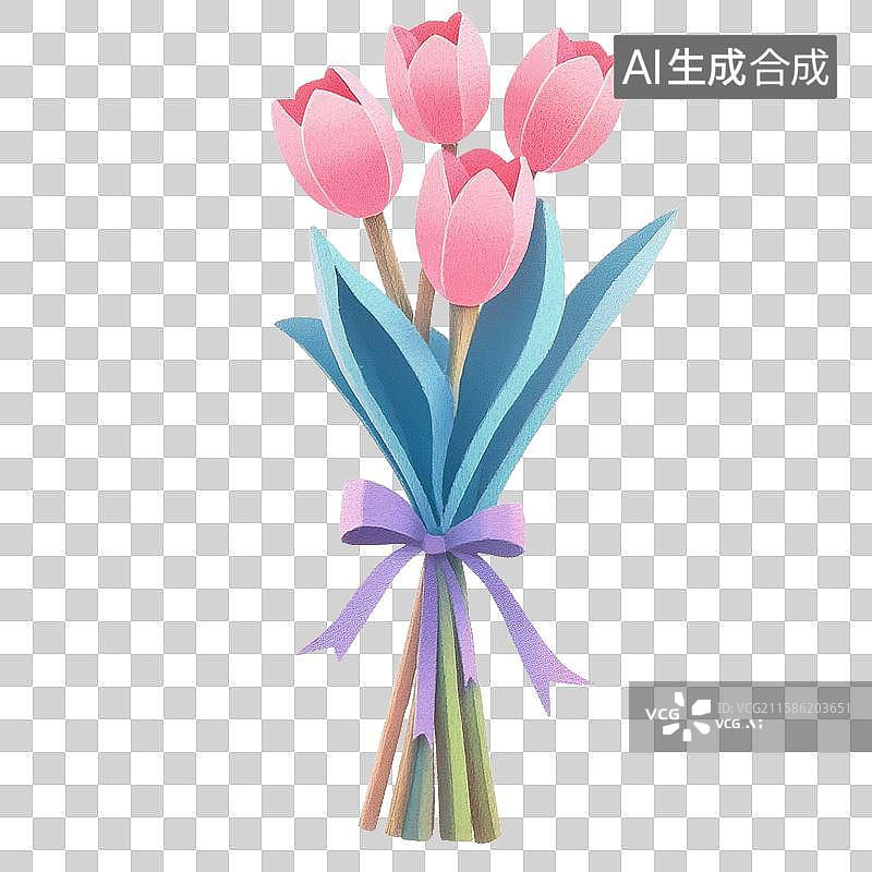 【AI数字艺术】卡通郁金香花束花卉花朵母亲节情人节可爱手绘彩铅风格插画背景图片素材