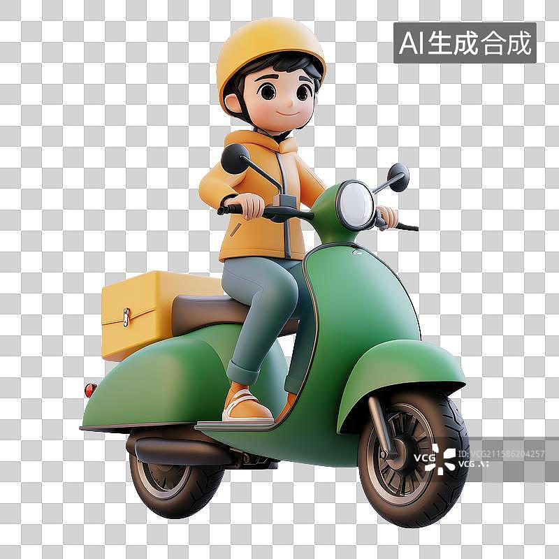 【AI数字艺术】3D立体卡通骑摩托车的快递外卖员小哥元素图片素材