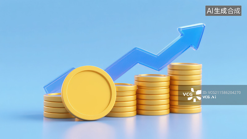 【AI数字艺术】浅蓝色背景下从低到高堆叠而成的金币堆上方还有硬币金币和向上倾斜上涨的蓝色透明箭头图片素材