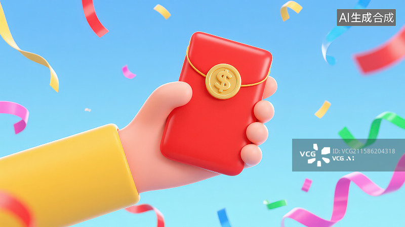 【AI数字艺术】浅蓝色背景下卡通人物手拿着一个带有美元$符号的红包周边漂浮着喜庆彩带丝带图片素材