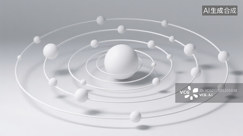 【AI数字艺术】由中心大球体环绕的同心轨道及轨道上的小球体组成类似原子结构或太阳系轨道的形态图片素材