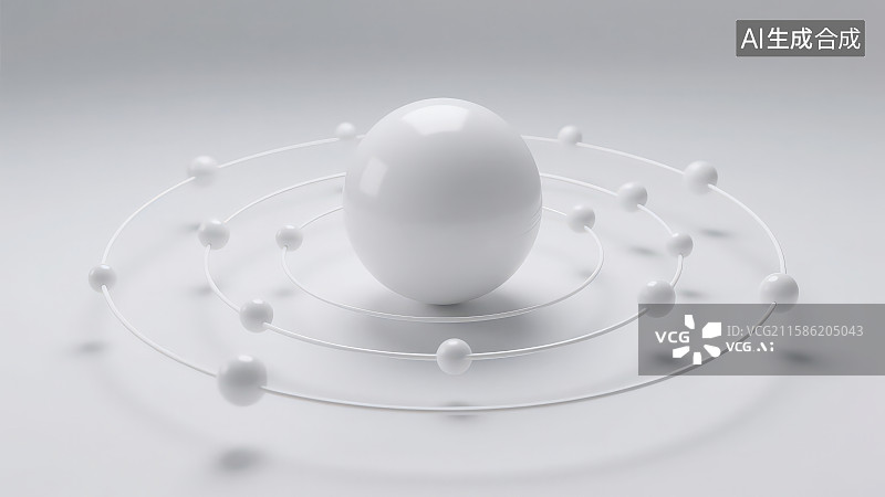 【AI数字艺术】由中心大球体环绕的同心轨道及轨道上的小球体组成类似原子结构或太阳系轨道的形态图片素材