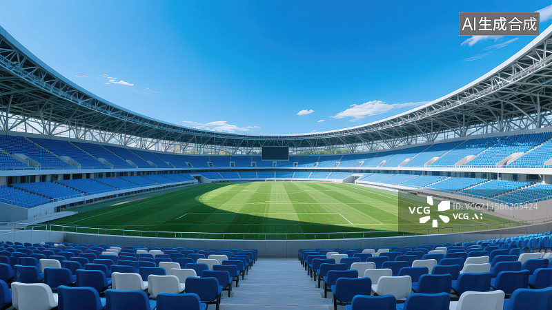 【AI数字艺术】晴朗天气蓝天白云下的观众看台俯瞰整个体育场足球场图片素材
