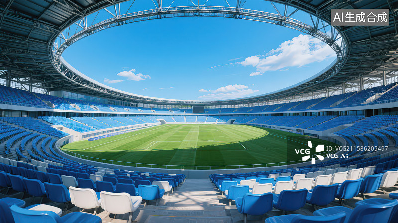 【AI数字艺术】晴朗天气蓝天白云下的观众看台俯瞰整个体育场足球场图片素材