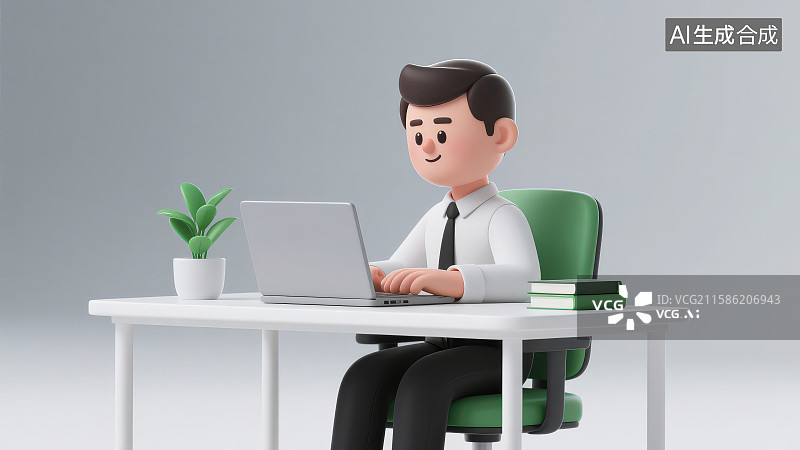 【AI数字艺术】一位坐在办公桌前使用笔记本电脑的卡通男性职员图片素材