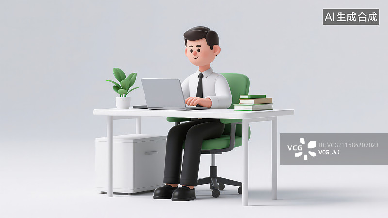 【AI数字艺术】一位坐在办公桌前使用笔记本电脑的卡通男性职员图片素材