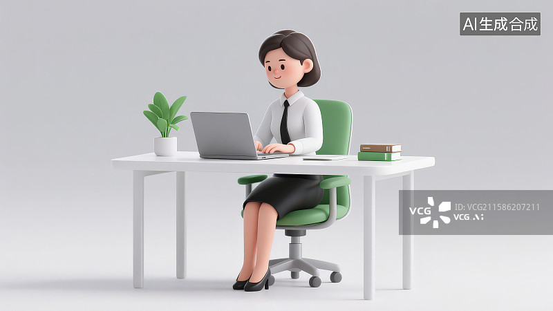 【AI数字艺术】一位坐在办公桌前使用笔记本电脑的卡通女性职员图片素材