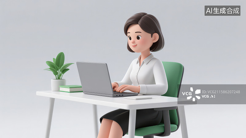 【AI数字艺术】一位坐在办公桌前使用笔记本电脑的卡通女性职员图片素材
