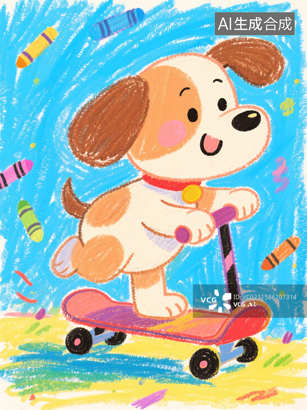 【AI数字艺术】蜡笔风格可爱的儿童插画玩滑板车的狗狗图片素材