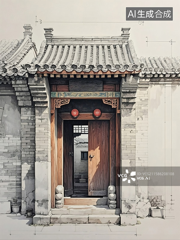 【AI数字艺术】手绘效果中国传统古建筑记录插画图片素材