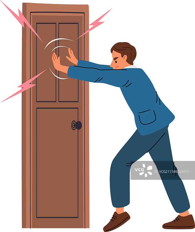 男人推着关闭的门，象征着死胡同的感觉图片素材