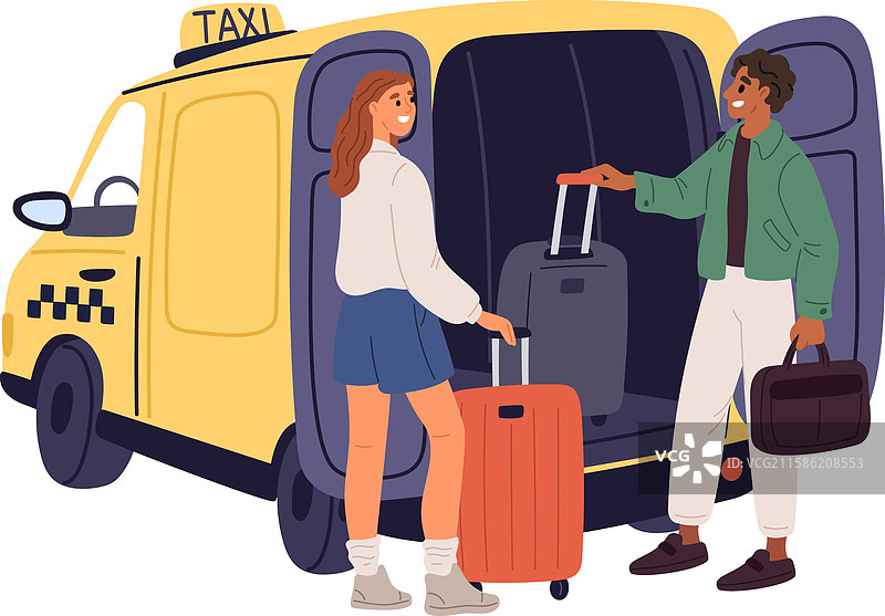 男人和女人把行李箱放进出租车，司机在装载。图片素材