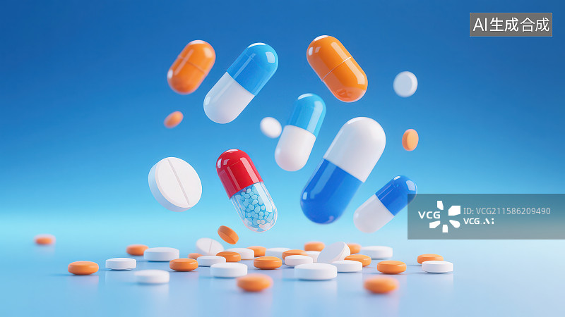 【AI数字艺术】悬浮在空中的多种颜色胶囊与药片图片素材