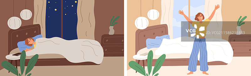 卧室内部，有正在睡觉或醒着的女孩图片素材