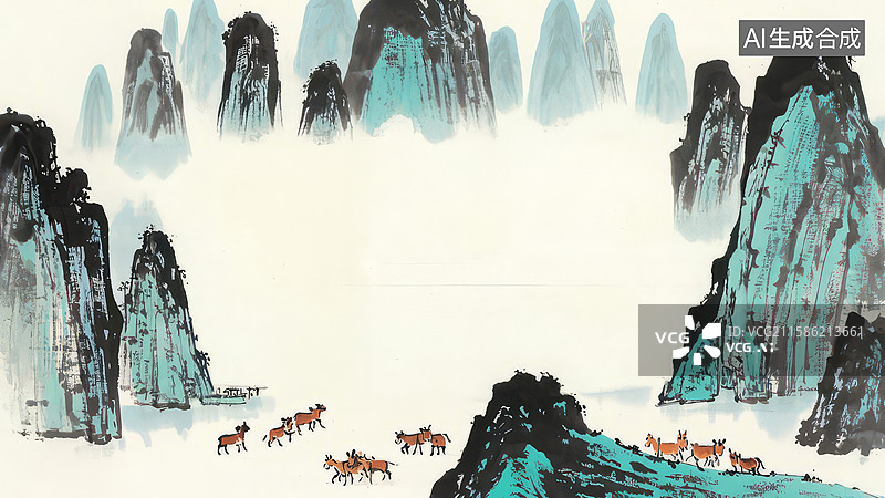 【AI数字艺术】水墨画最大-水墨画背景壁纸1青山绿水间群马奔腾图片素材