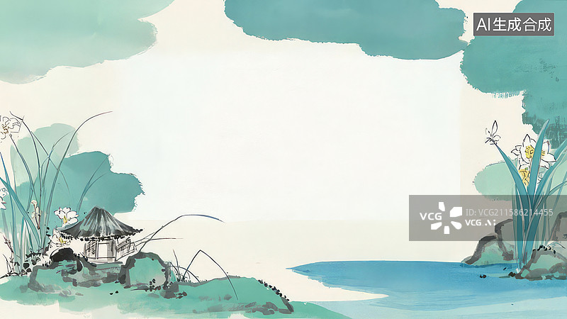 【AI数字艺术】水墨画最大-水墨画背景壁纸1水墨风格的湖畔亭台图片素材