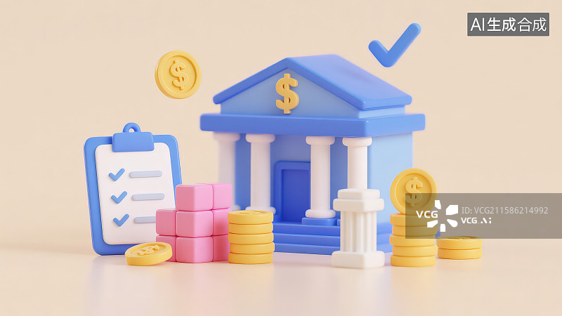 【AI数字艺术】3D卡通带美元符号蓝色银行建筑漂浮的硬币带勾选列表的文件板和黄色金币硬币堆图片素材