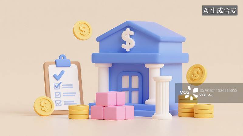 【AI数字艺术】3D卡通带美元符号蓝色银行建筑漂浮的硬币带勾选列表的文件板和黄色金币硬币堆图片素材