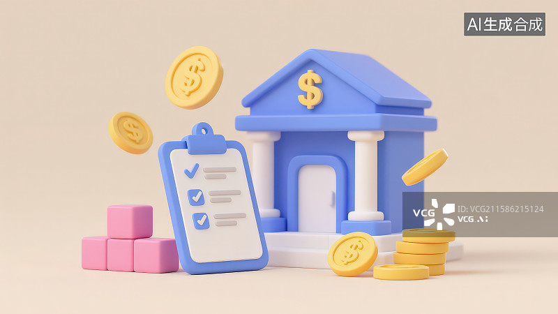 【AI数字艺术】3D卡通带美元符号蓝色银行建筑漂浮的硬币带勾选列表的文件板和黄色金币硬币堆图片素材