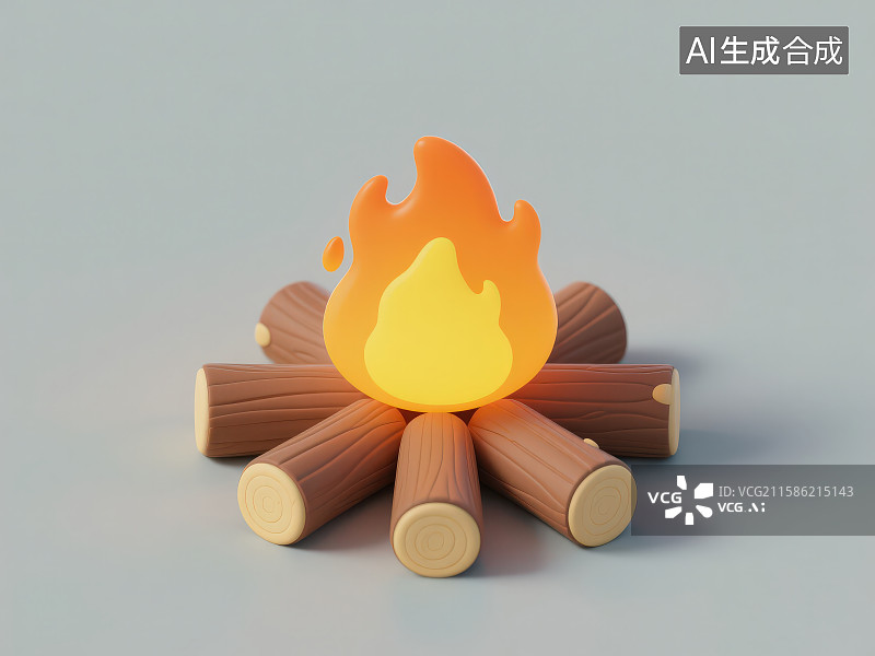 【AI数字艺术】卡通简约风格由几根圆润处理的棕色原木和黄色橙色渐变的火焰组成的篝火图片素材