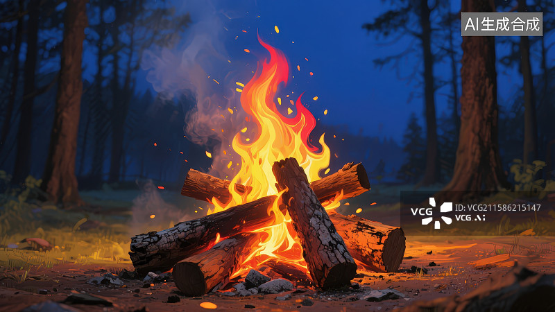 【AI数字艺术】夜晚户外点燃的篝火图片素材
