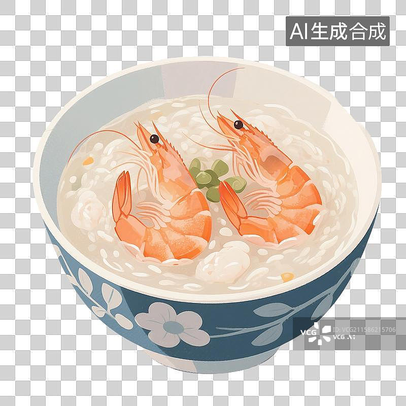 【AI数字艺术】中国风手绘插画，一碗海鲜粥，海鲜美食，免抠元素图片素材