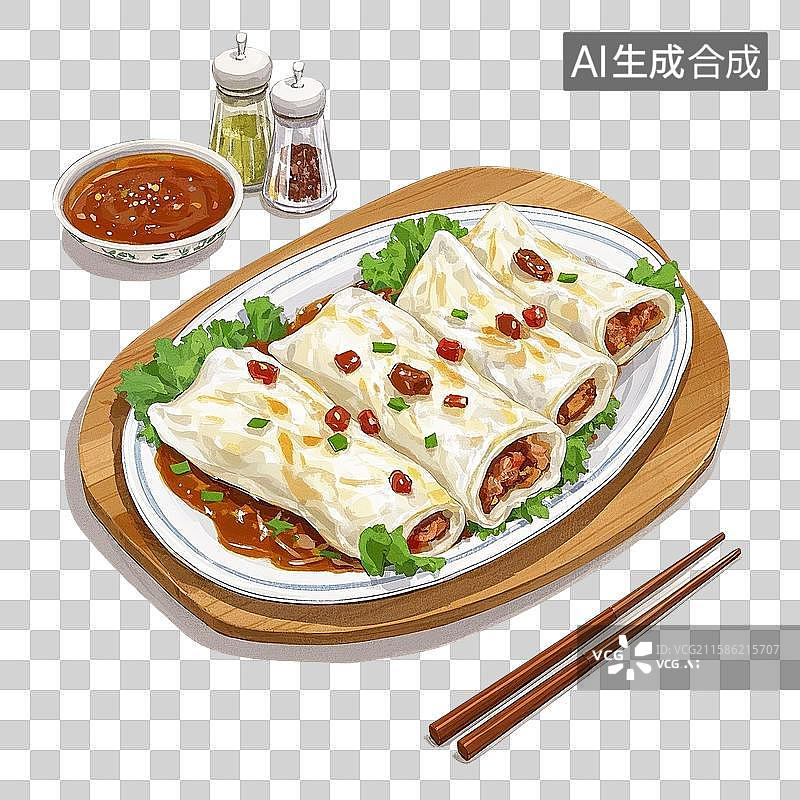 【AI数字艺术】中国风手绘插画，广式早茶茶点，肠粉，卷筒粉，早餐，早茶，美食食品，免抠元素图片素材