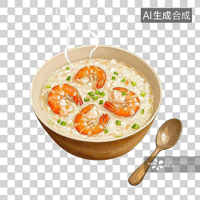 【AI数字艺术】中国风手绘插画，一碗海鲜粥，海鲜美食，免抠元素图片素材