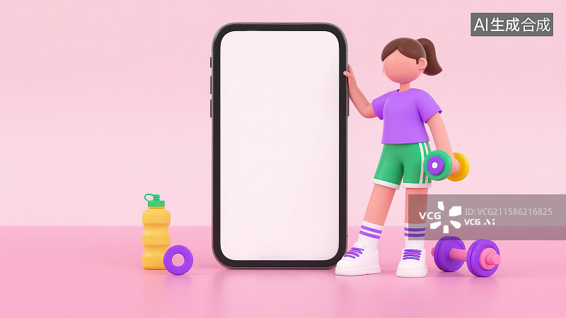 【AI数字艺术】粉色背景下中央是巨型智能手机模型右侧站着无表情女性健身人物手持彩色哑铃地面有黄色水瓶图片素材