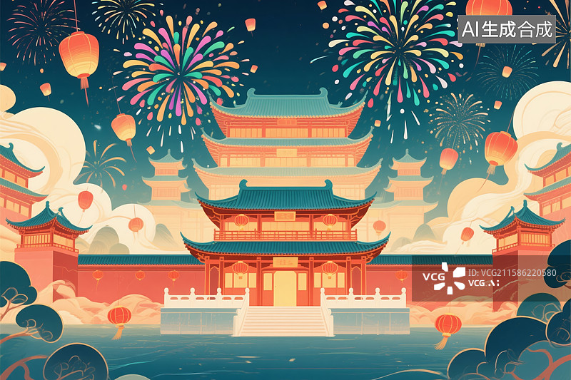【AI数字艺术】夜景中的传统建筑与烟花图片素材