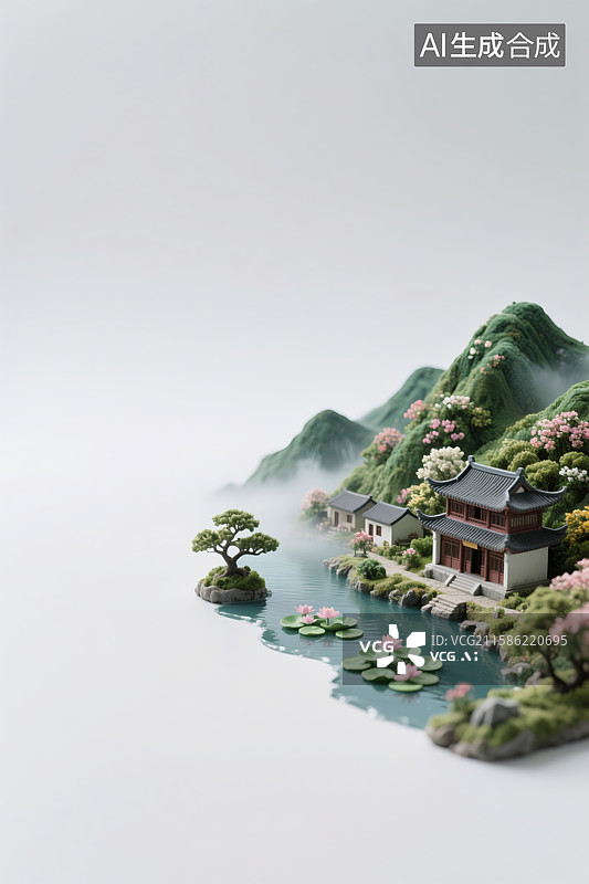【AI数字艺术】山水环绕的古典庭院图片素材