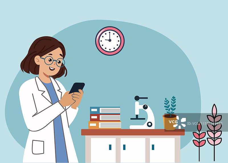 可爱的女医生戴着眼镜，手里拿着手机图片素材
