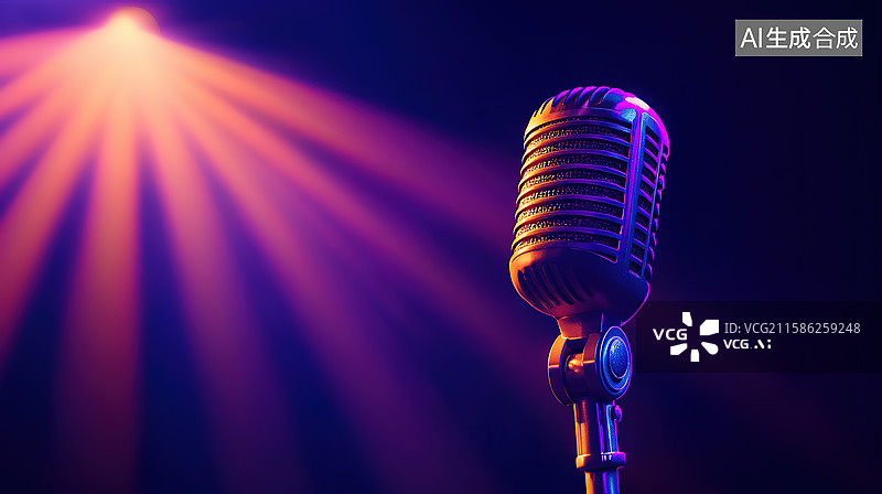 【AI数字艺术】舞台上的麦克风话筒特写插画图片素材