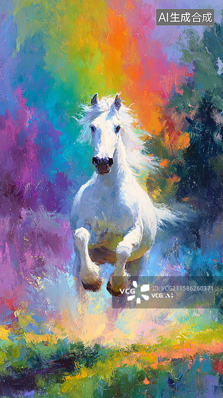 【AI数字艺术】彩色背景中一匹奔腾的白马图片素材