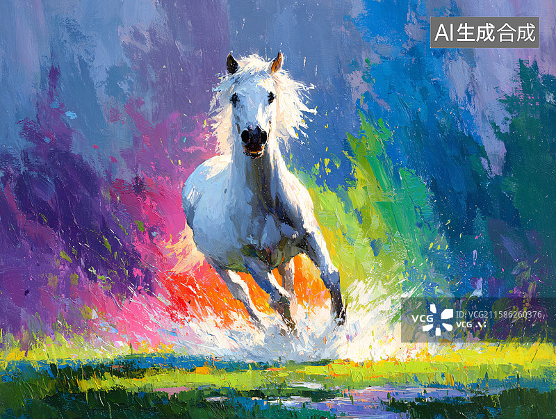 【AI数字艺术】彩色背景中一匹奔腾的白马图片素材