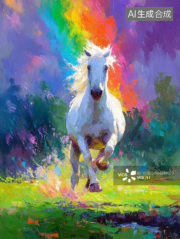 【AI数字艺术】彩色背景中一匹奔腾的白马图片素材
